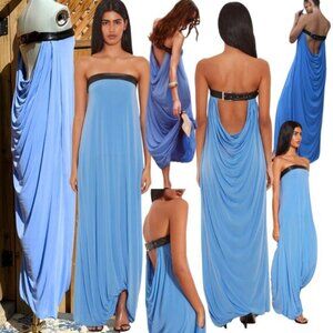 🆕 RAT & BOA 🧿 NWOT Antonie Blue Draped Maxi Dress with Leather Belt, Sz XXS/XS